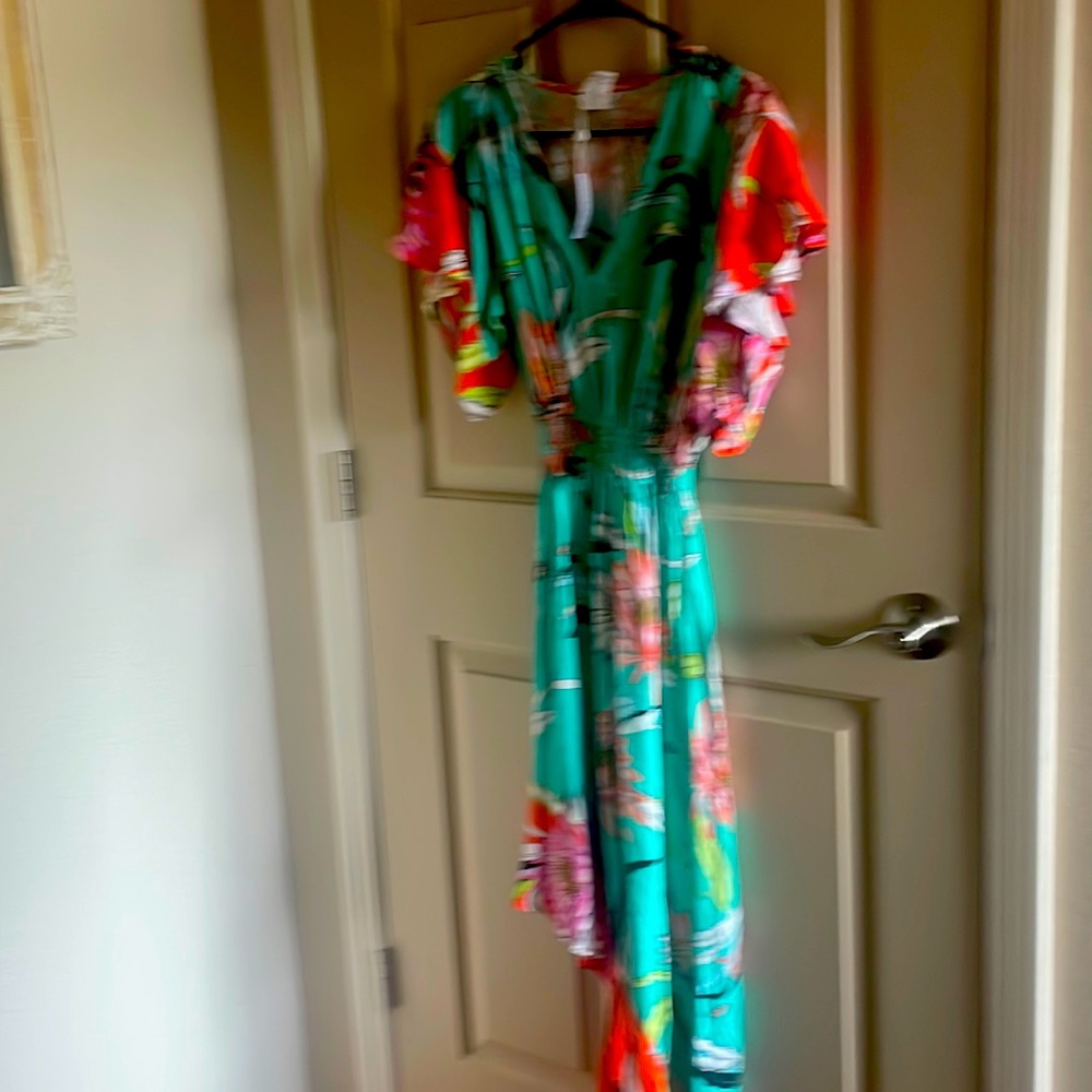 Trina Turk beautiful dress with butterfly sleeve and asymmetrical bottom